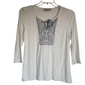 Democracy Women's Top Size Medium White with black beading 3/4 Sleeve